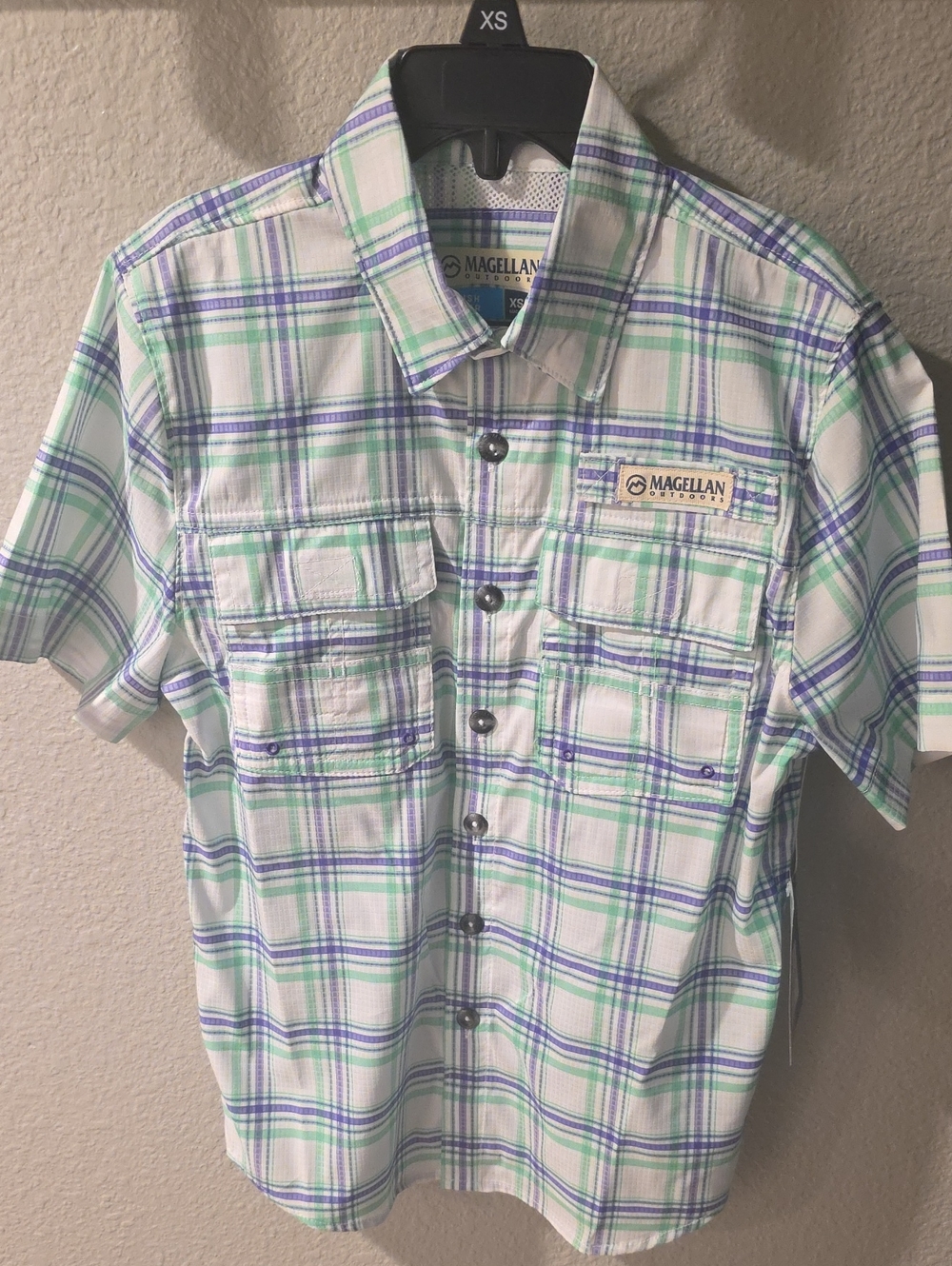 Magellan Outdoors White Plaid SS Shirt with Green and Purple Accents-NWT-XS 6/7